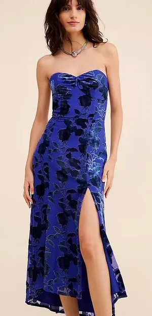 Hutch Strapless Midi Dress Blue Floral Velvet Burnout Slit Sweetheart NEW thumbnail 1