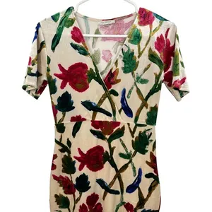 Zara‎ Trafaluc Floral Velvet V-Neck Midi Dress Cream Red Green Pinup Retro thumbnail 2