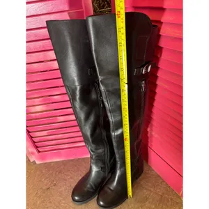 Tata Black Leather Over The Knee Boots Buckle Detail Low Block Heel Tall Boots thumbnail 4