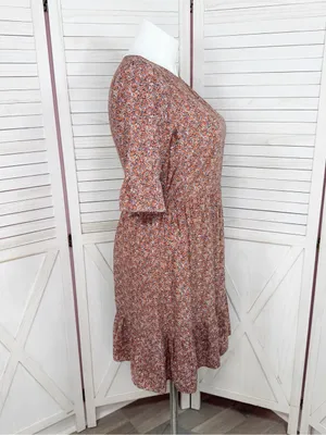 Loft Ditsy Floral Print Tiered‎ Babydoll Dress Rust Orange 12 Boho Cottagecore thumbnail 3