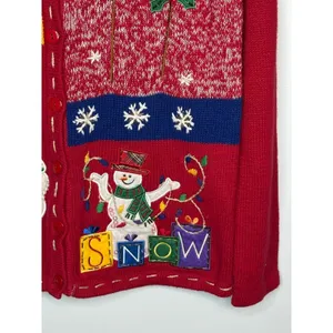 Vintage White Stag Christmas Cardigan Sweater Small‎ Red Holiday Snowman Tree thumbnail 4