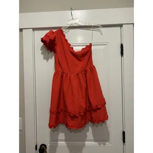 Main Strip Red One Shoulder Mini Dress Tiered Flounce Skirt Size Large Game Day Preppy Club thumbnail 2