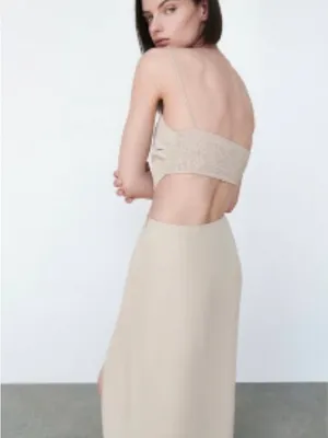 Zara Sand-Beige Cutout Midi Dress with Side Slit thumbnail 2