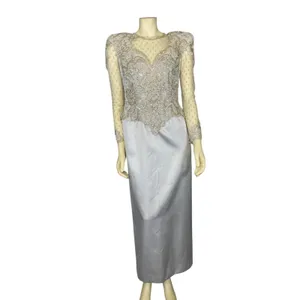 1990s Vintage Ice Blue Beaded Formal Gown Sheer Lace Bodice Custom S-M thumbnail 3