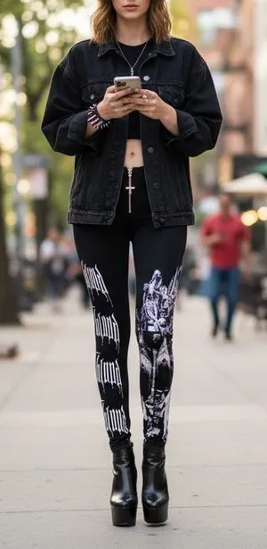 Widow Dolls Kill Black White Feeding Time Goth Cross Zipper Closure Leggings‎ thumbnail 1