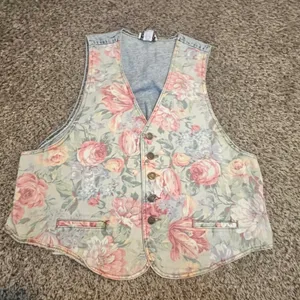 Vintage Zena Floral Denim Vest Acid Wash‎ Made in USA Large 90s Waistcoat thumbnail 1