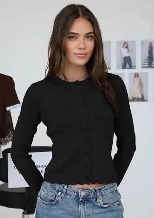 Black Scalloped Button Front Knit Cardigan Sweater NWT Large thumbnail 1