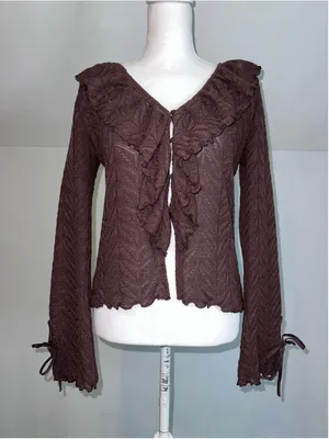 Women's LOFT Brown Ruffle Front Cardigan Sweater Size S thumbnail 1