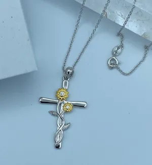 Sterling Silver And Gold Sunflower CZ Cross Necklace thumbnail 3