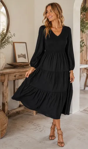 Bohme Black Tencel Smocked Tiered V-Neck‎ Long Sleeve Boho Midi Dress thumbnail 1