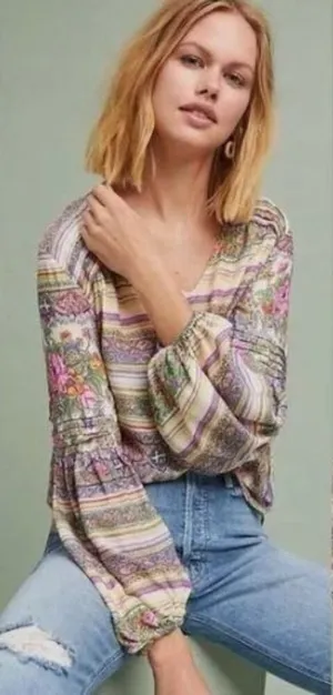 $98 Maeve by Anthropologie Multicolored Ceresco Floral Peasant Blouse XS thumbnail 1