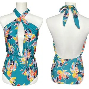 ModCloth Swimsuit Women’s Medium Teal Floral One Piece Bethany Halter Retro thumbnail 14