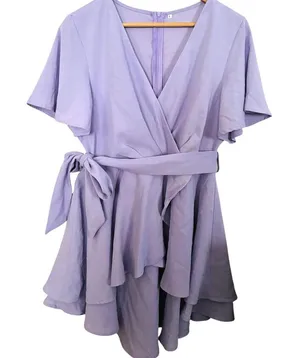 💥 Cosonsen Lavender Purple V-Neck Ruffled Mini Swing Dress thumbnail 1