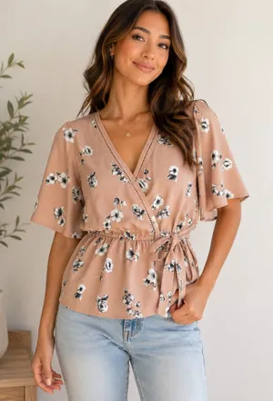 Sienna Sky Floral Wrap Blouse | Dusty Rose Kimono Sleeve Tie Waist Top | Size Small thumbnail 1