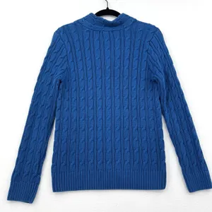 Jeanne Pierre Cable Knit Sweater Women L Blue 100% Cotton V Neck Preppy Coastal thumbnail 2