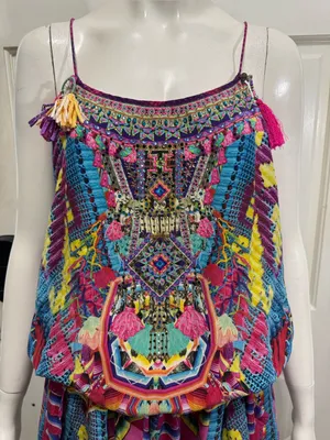 Camilla Pastel Floral Ikat Embroidered Top in Pink, Blue, Purple Size Medium thumbnail 16