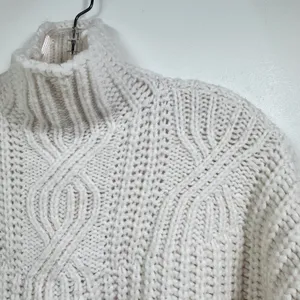 Aerie Womens XS Mock Neck Cable Knit Sweater Cream Pinkish Wool Blend Chunky thumbnail 3