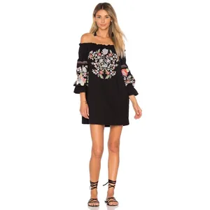 FREE PEOPLE Fleur Du Jour Mini Dress Black Floral Embroidered Off Shoulder Small thumbnail 4