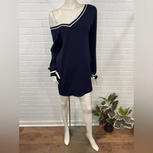 Offline by Aerie ChillUp Navy V-Neck Athleisure Dress with White Trim thumbnail 5