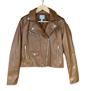 Nine West Womens Faux Leather Moto Jacket Cognac Brown Asymmetrical Zip Small thumbnail 1