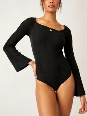 NWT Free People Intimately On A Cloud Bodysuit Small Black Bell Sleeves Minimal thumbnail 1