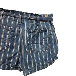 American Eagle Blue Striped Denim Belted Pleated Cotton Paperbag Shorts Size 4 thumbnail 5