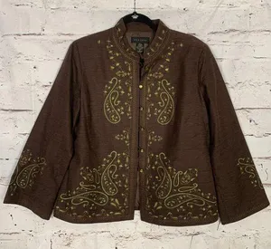 Silkland Blazer Jacket Womens XL Embroidered Paisley Brown Green Lined Silk thumbnail 1