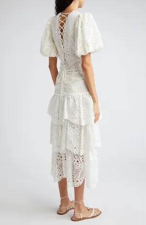 NWT FARM Rio Cotton Eyelet Puff Sleeve White Tiered Midi Dress L cottage coastal breathable thumbnail 2
