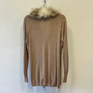 Loft Faux Fur Collar Open Front Cardigan Tan Heather Knit Pockets Large Neutral thumbnail 2