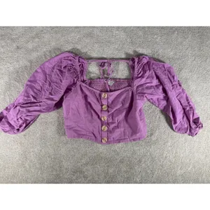 American Eagle Linen Button Crop Top Puff Balloon Sleeve‎ Purple Women's Small thumbnail 3