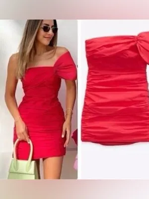 Zara Bright Red One-Shoulder Ruched Mini Dress Size S thumbnail 2