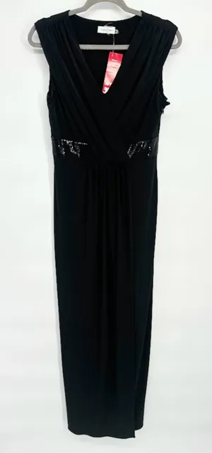 Calvin Klein Size‎ 6 Black Formal Surplice Maxi Dress Sequin Waist Faux Wrap thumbnail 1