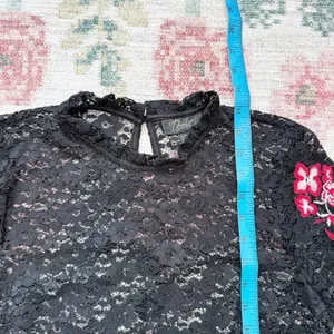 Womens Black Sheer Embroidered Floral Top Small Romantic‎ Whimsigoth Puff Sleeve thumbnail 8