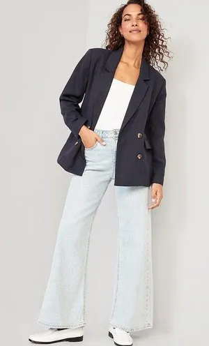 Navy Blue Double Breasted Textured Blazer Size Medium Petite thumbnail 1