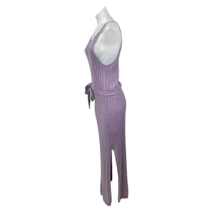 London Purple Wool Ribbed Sleeveless Side Slit Midi Tank Bodycon Sweater Dress M thumbnail 2