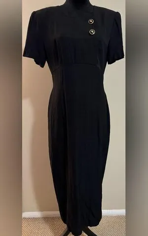 EUC Vintage John Roberts Black and Gold Long Midi Dress w/ shoulder pads size 10 thumbnail 1