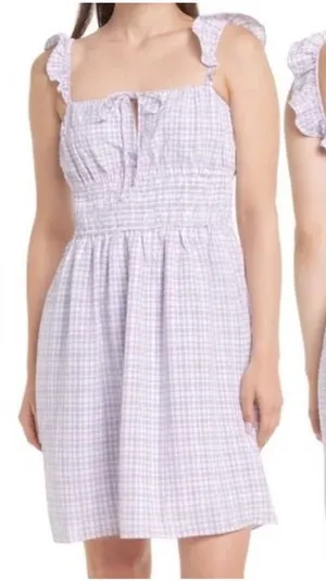 WAYF Purple Gingham Checkered Smocked Waist Flutter Sleeve Midi Dress SZ M NWT thumbnail 1