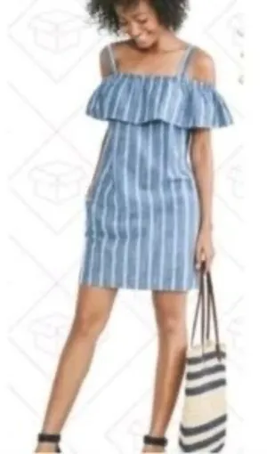J. Crew Chambray Striped Off Shoulder dress Sz Large‎ thumbnail 1
