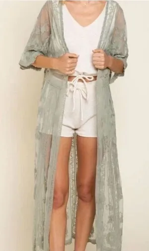 POL Sage Green Floral Lace Embroidered Maxi Kimono Duster Size S/M thumbnail 1