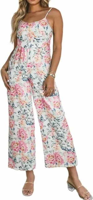 Source Unknown white floral print adjustable spaghetti strap wide leg jumpsuit size medium. thumbnail 1