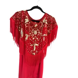 Vintage Red Fringe Sequin High Low Gown Gold Beaded Formal Dress Performance thumbnail 2