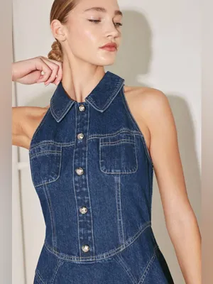 Nordstrom Denim Halter Mini Dress Button Front Fit & Flare A-Line Sleeveless M thumbnail 4