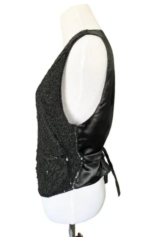 Vintage Silk Beaded Sequin Waistcoat Vest Black thumbnail 3