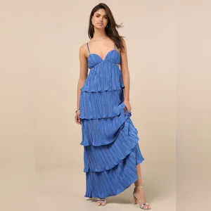 LULU’S Kanya Blue Satin Plisse Tiered Maxi Dress thumbnail 6