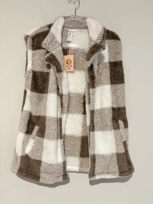 Mia Belle Girls Cozy Faux Fur Plaid open front Vest brown white mom medium thumbnail 2