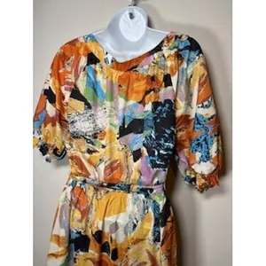 FLYING TOMATO Midi Dress Small Abstract Floral Tiered Boho Puff‎ Sleeve Art Belt thumbnail 5