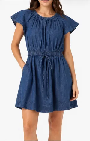 Free Assembly Chambray Denim Cotton Dress Small Flutter Sleeve Boho Casual thumbnail 1