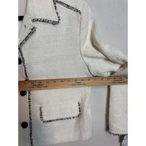 Amanda + Chelsea Natural Tweed Fringe Button Front Jacket Cream Black NWT M thumbnail 10