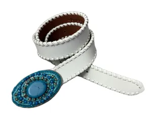 Chicos Leather Belt Small Womens White Embellished Buckle Beaded Faux Turquoise thumbnail 1