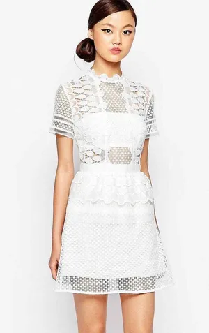Self Portrait Sculptured Tier Drop Peplum White Lace Dress thumbnail 1